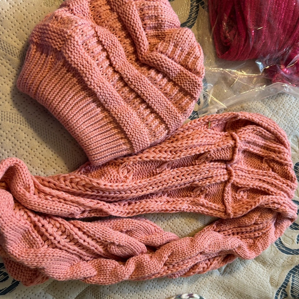 Pink Knit Beanie and Scarf Set